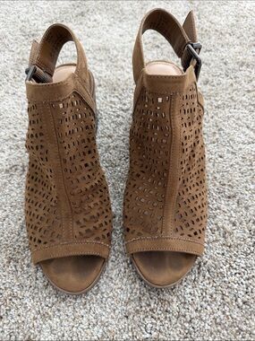 Xappeal Tan Perforated Open-Toe Slingback Heels
